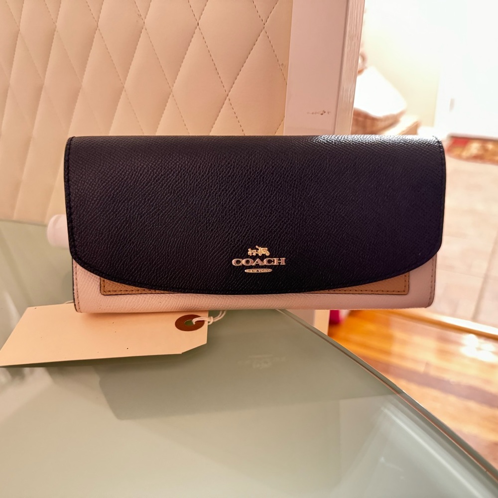 Coach Envelope Black / Tan Leather Long Bifold Snap Wallet Preowned